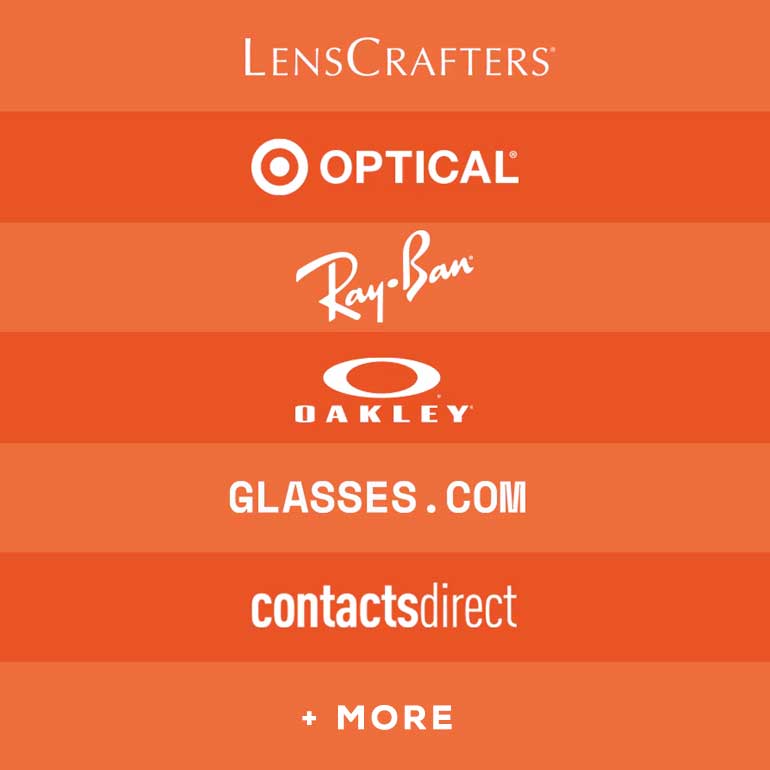 List of online retailer logos: LensCrafters, Target Optical, Ray-Ban, Glasses.com, and Contacts Direct.